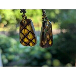Vintage Tortoiseshell Lucite Dangle Earrings Amber Brown Boho Artisan Style